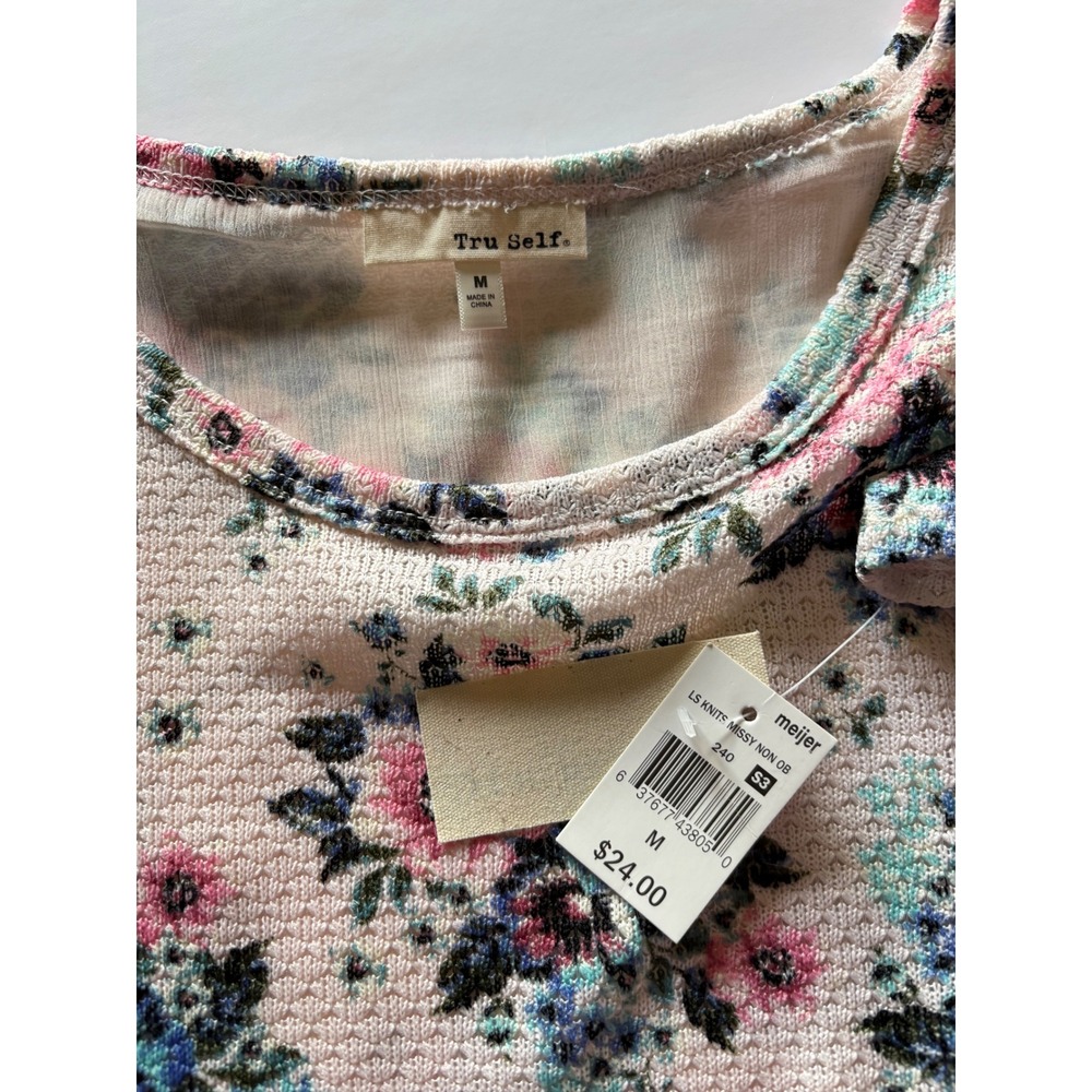 Tru Self Womens Floral Waffle Knit Top Lace Chiffon Trim Pink Blue Size M NEW - Picture 7 of 8
